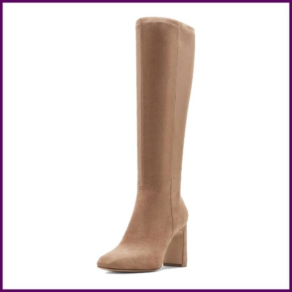 Knee High Leather Boots Women Chunky Heel Square Toe Side Zipper